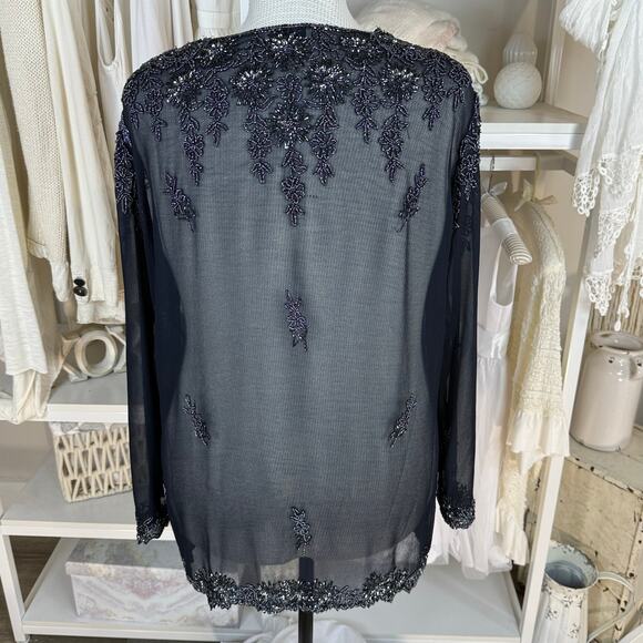 JMD New York Plus sz. 2X navy blue sheer beaded jacket mother of the bride #4164 - Picture 5 of 10